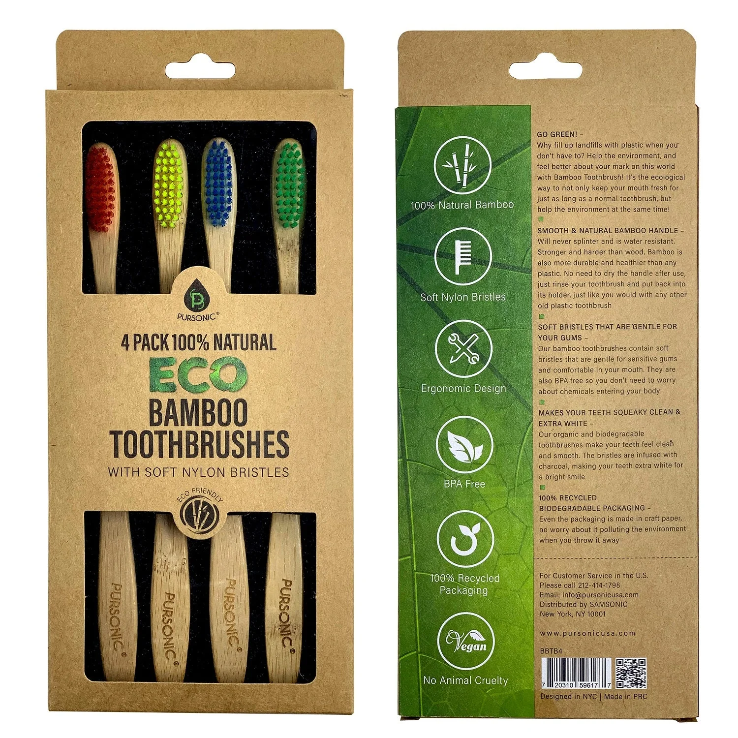 Pursonic 100% Natural Eco Bamboo Toothbrushes (4 pack) - Image 4