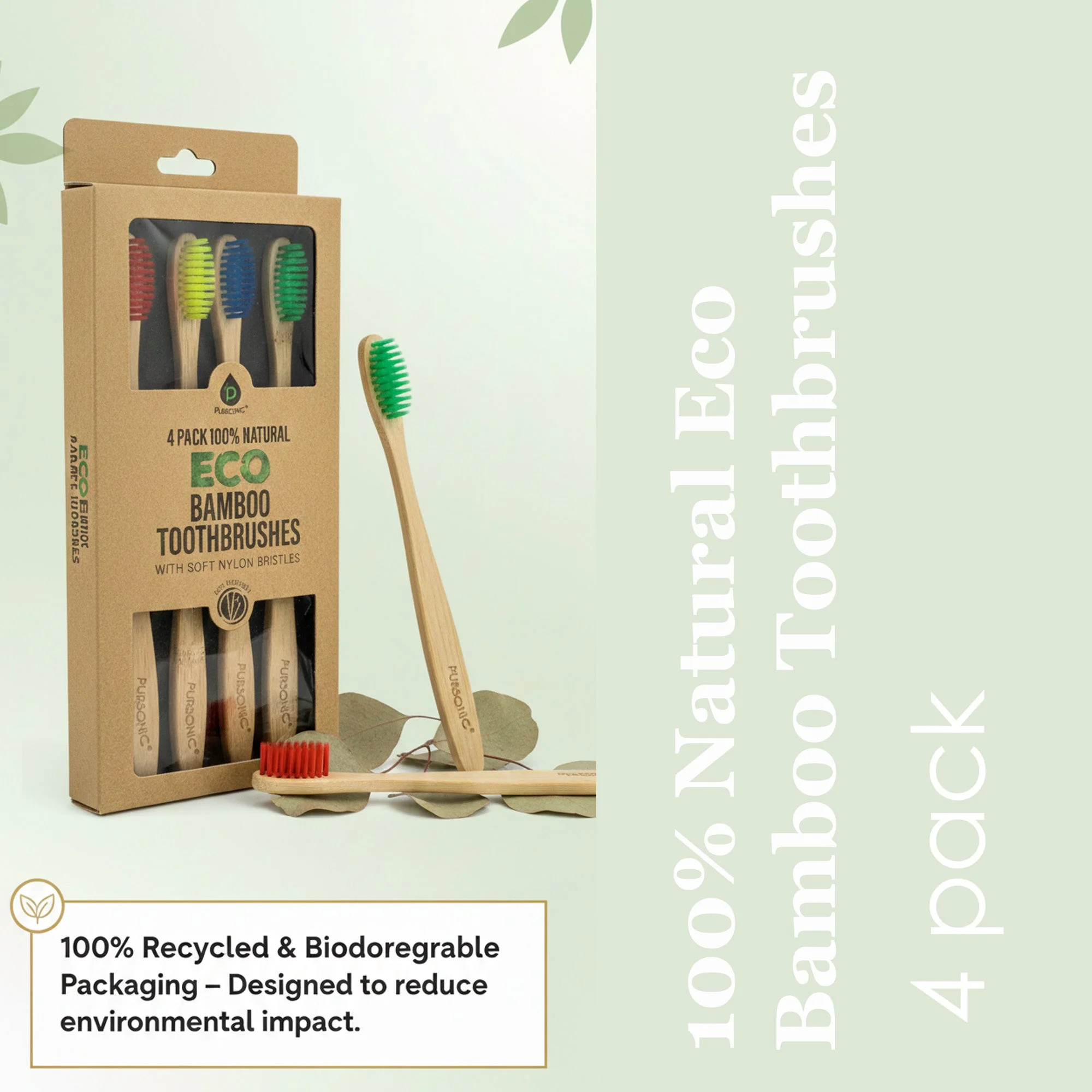 Pursonic 100% Natural Eco Bamboo Toothbrushes (4 pack) - Image 5