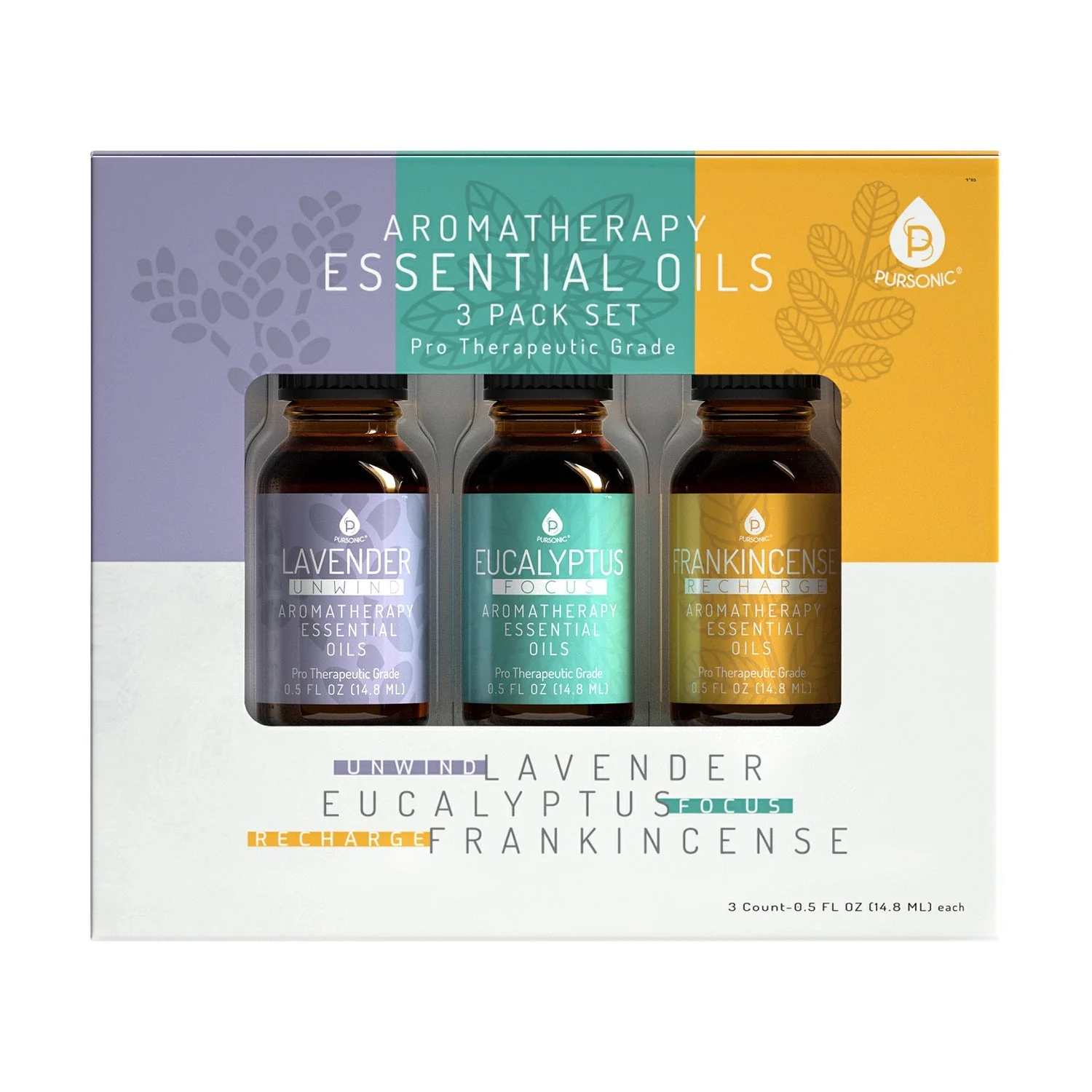 Pursonic 3 Pack Aromatherapy Essential oils (Lavender, Eucalyptus, Frankincense)