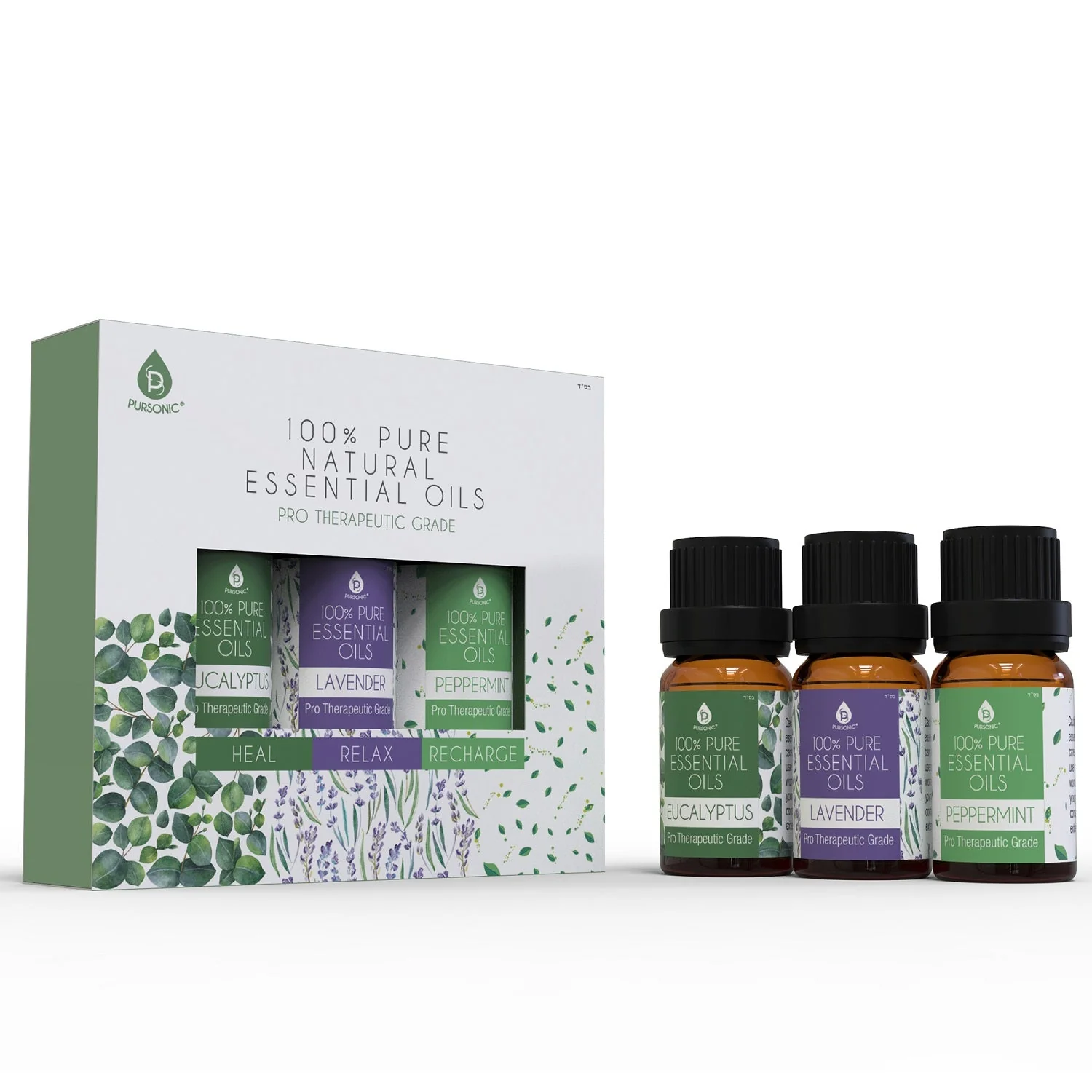 Pursonic 3 pack of 100% Pure Essential Oils (Eucalyptus, Lavender & Peppermint)
