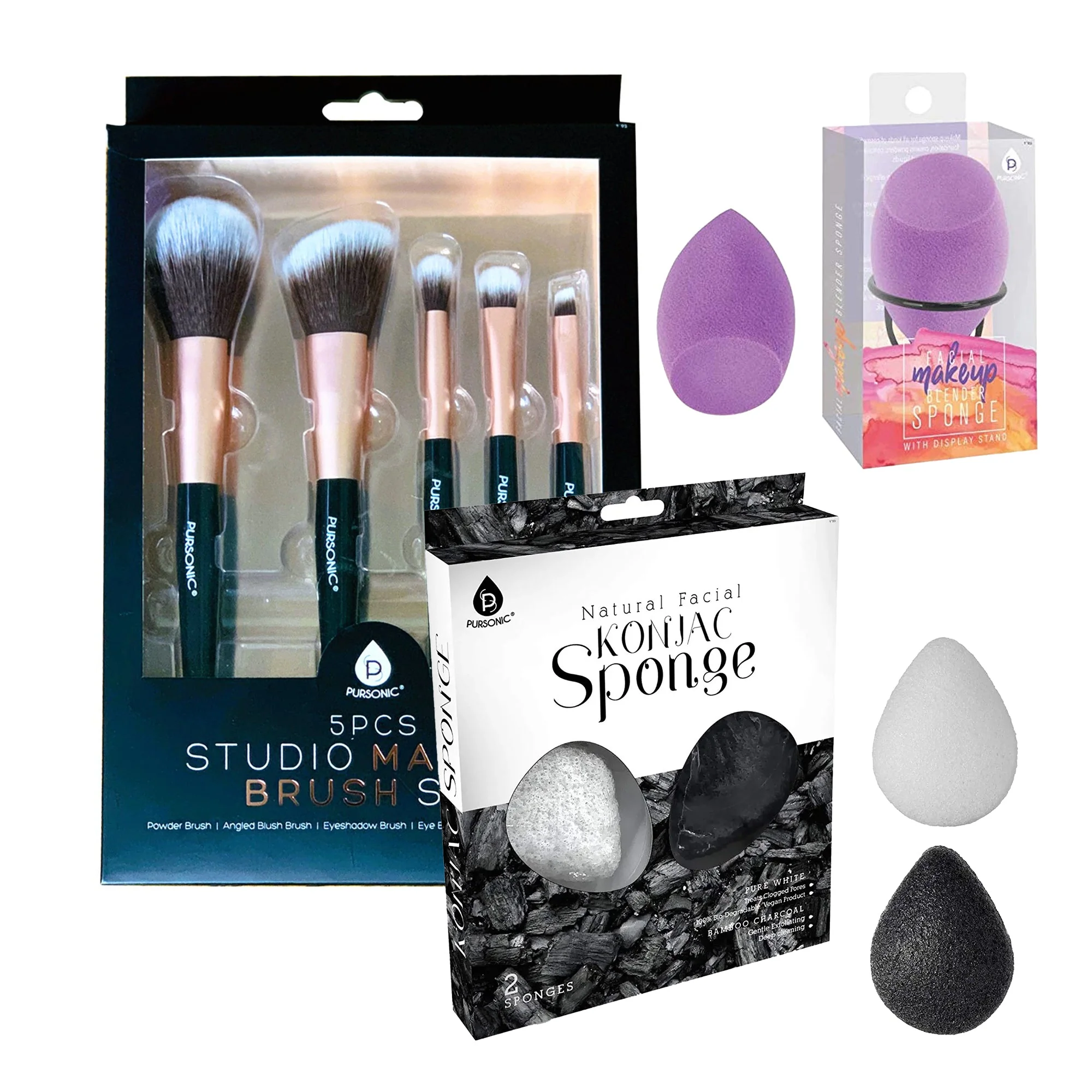 Pursonic Beauty Essentials Bundle: Facial Makeup Blender Sponge + Natural Facial Konjac Sponge Duo Set(3 pack) + 5 Pcs Studio Makeup Brush Set (Black)