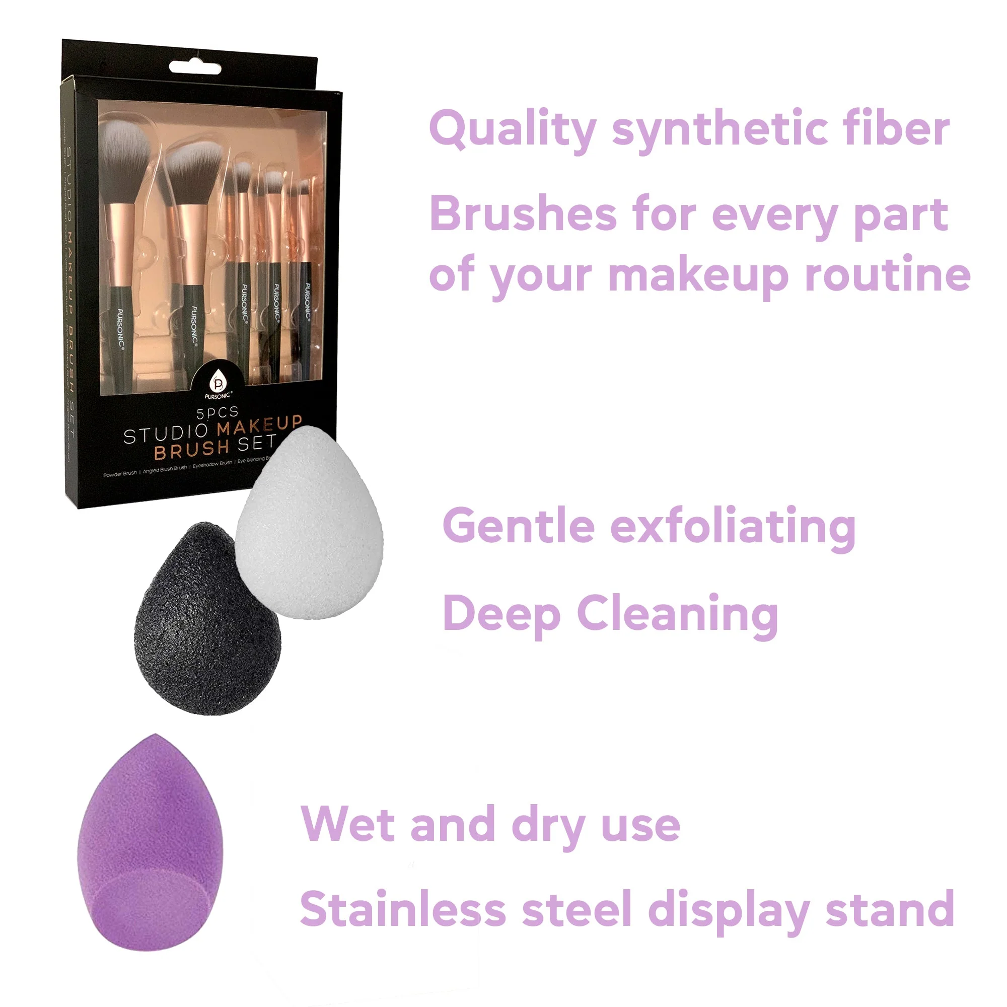 Pursonic Beauty Essentials Bundle: Facial Makeup Blender Sponge + Natural Facial Konjac Sponge Duo Set(3 pack) + 5 Pcs Studio Makeup Brush Set (Black) - Image 2