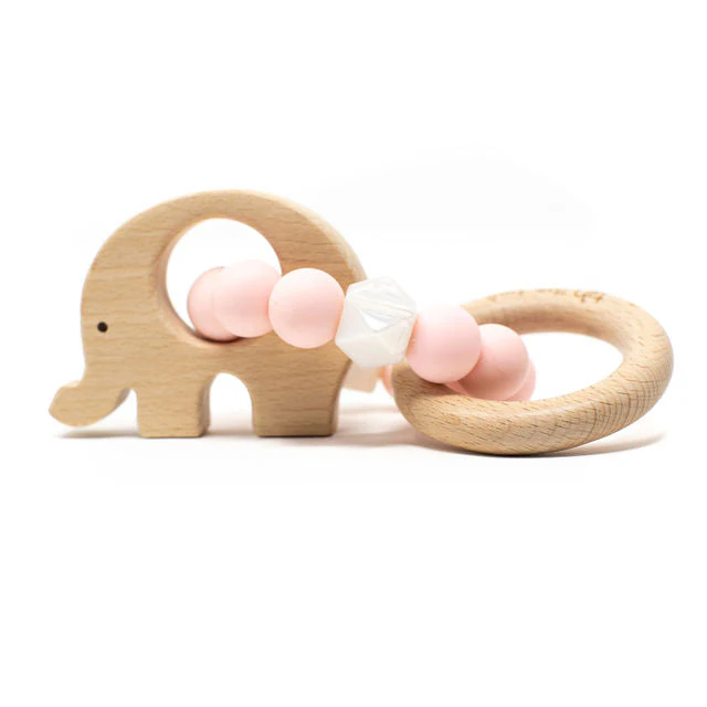 Three Hearts Elephant Rattle - Food Grade Silicone & Beech Wood Teether - Image 11