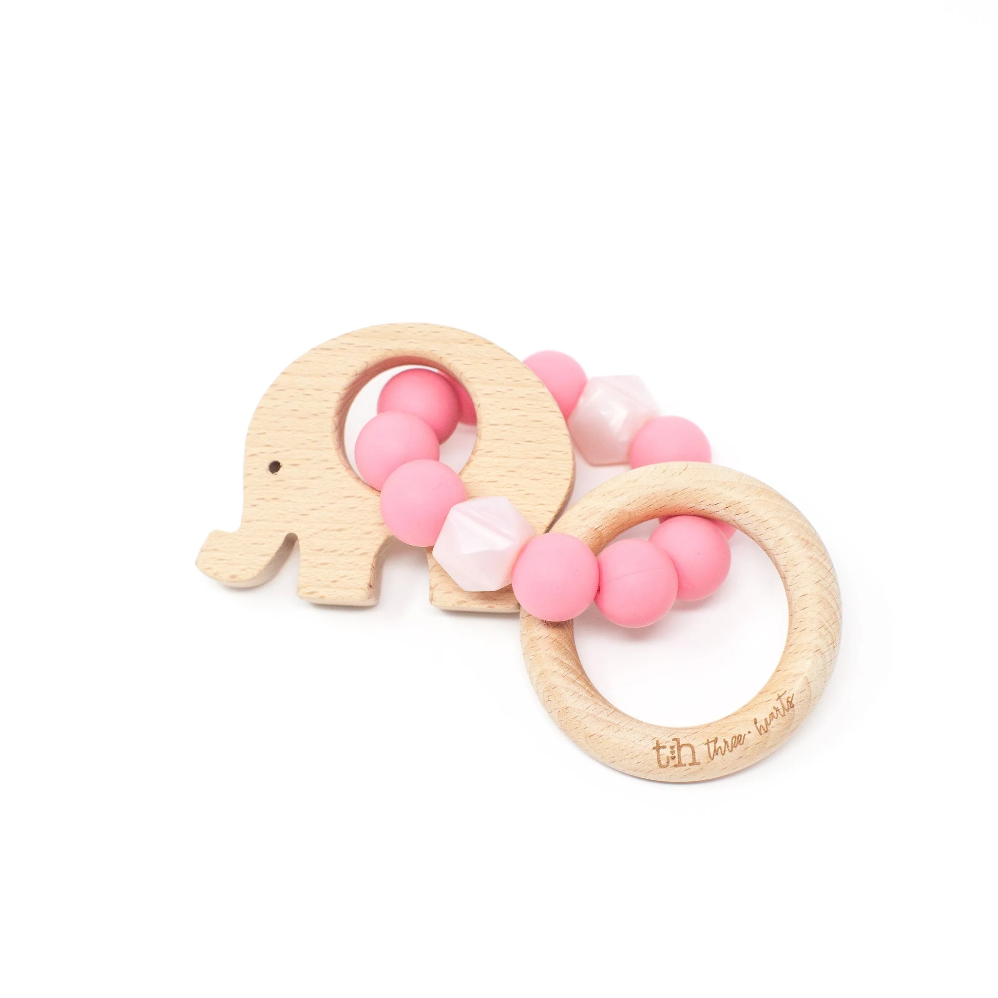 Three Hearts Elephant Rattle - Food Grade Silicone & Beech Wood Teether - Image 2