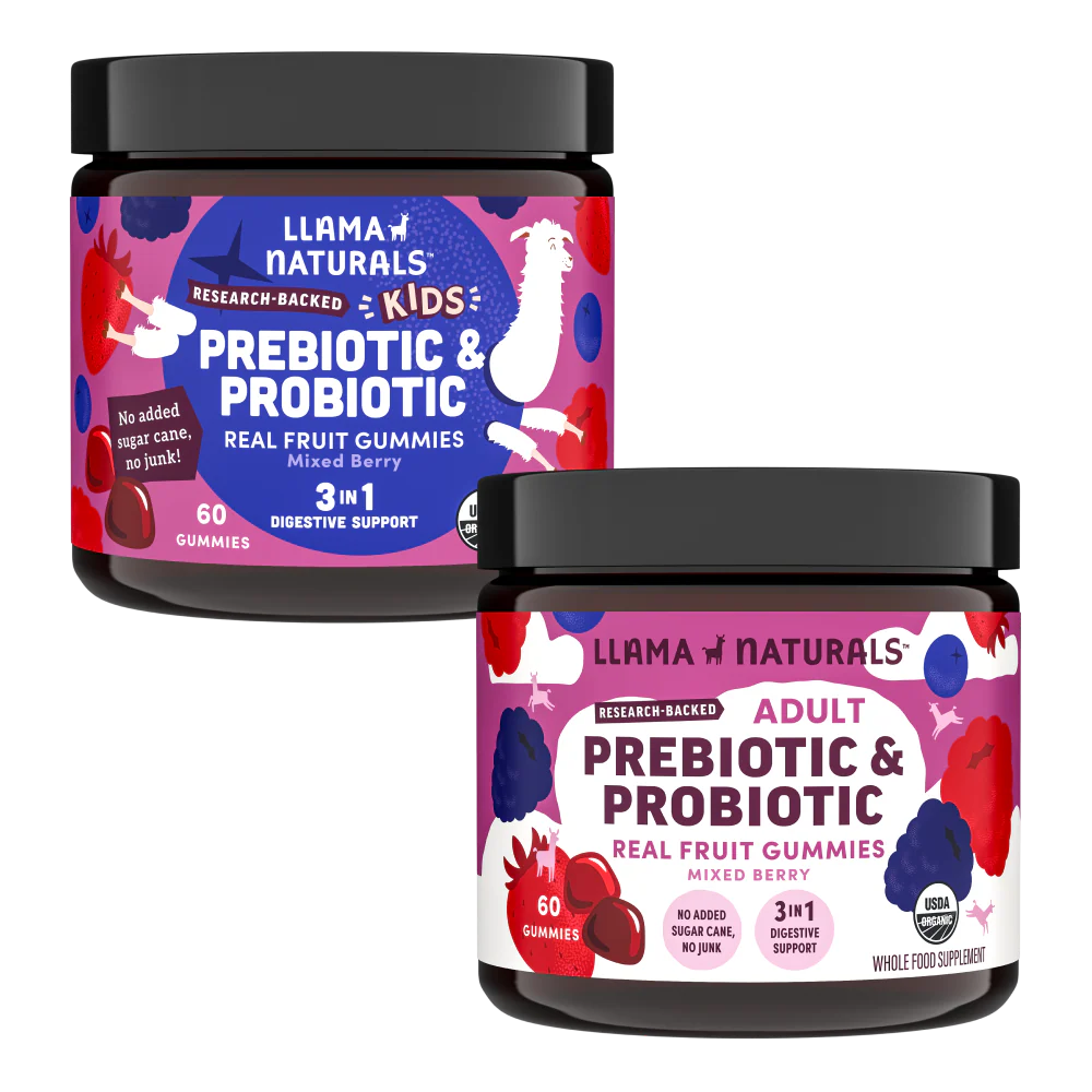 Llama Naturals Family Gut Support Bundle – Kids + Adult Pre & Probiotic Gummies – Mixed Berry