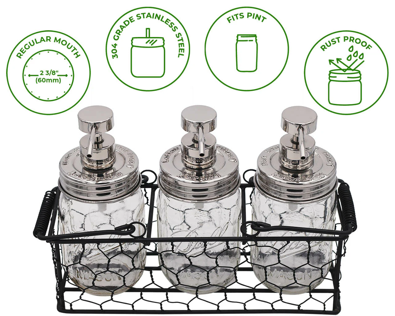"Hand Soap," "Dish Soap," and "Lotion" Embossed Shiny Dispenser Pumps for Regular Mouth Mason Jars 3 Pack - Image 2
