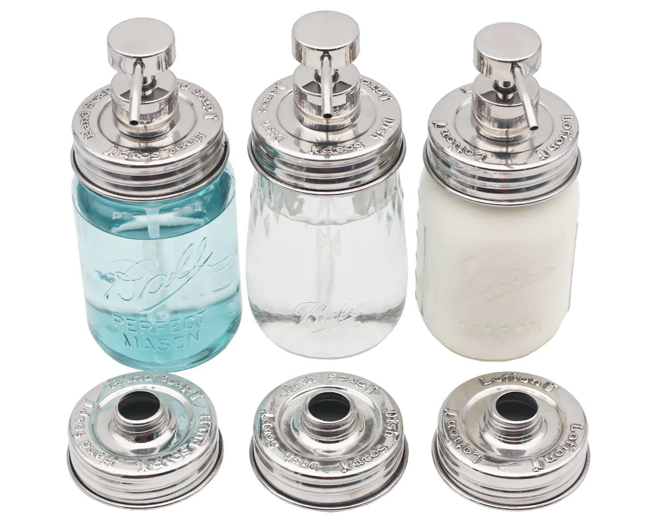 "Hand Soap," "Dish Soap," and "Lotion" Embossed Shiny Dispenser Pumps for Regular Mouth Mason Jars 3 Pack - Image 3
