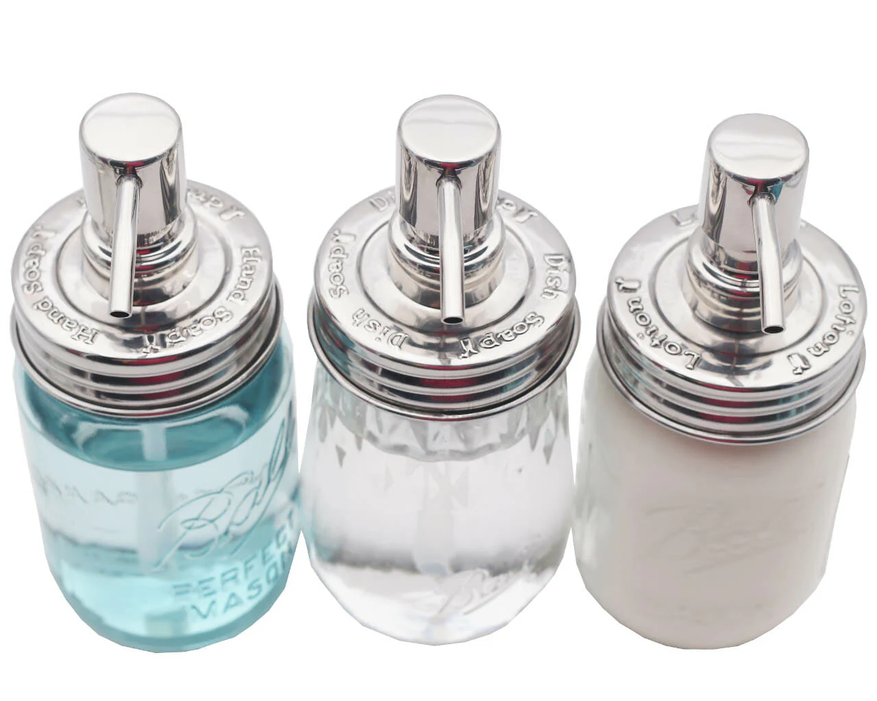 "Hand Soap," "Dish Soap," and "Lotion" Embossed Shiny Dispenser Pumps for Regular Mouth Mason Jars 3 Pack - Image 4
