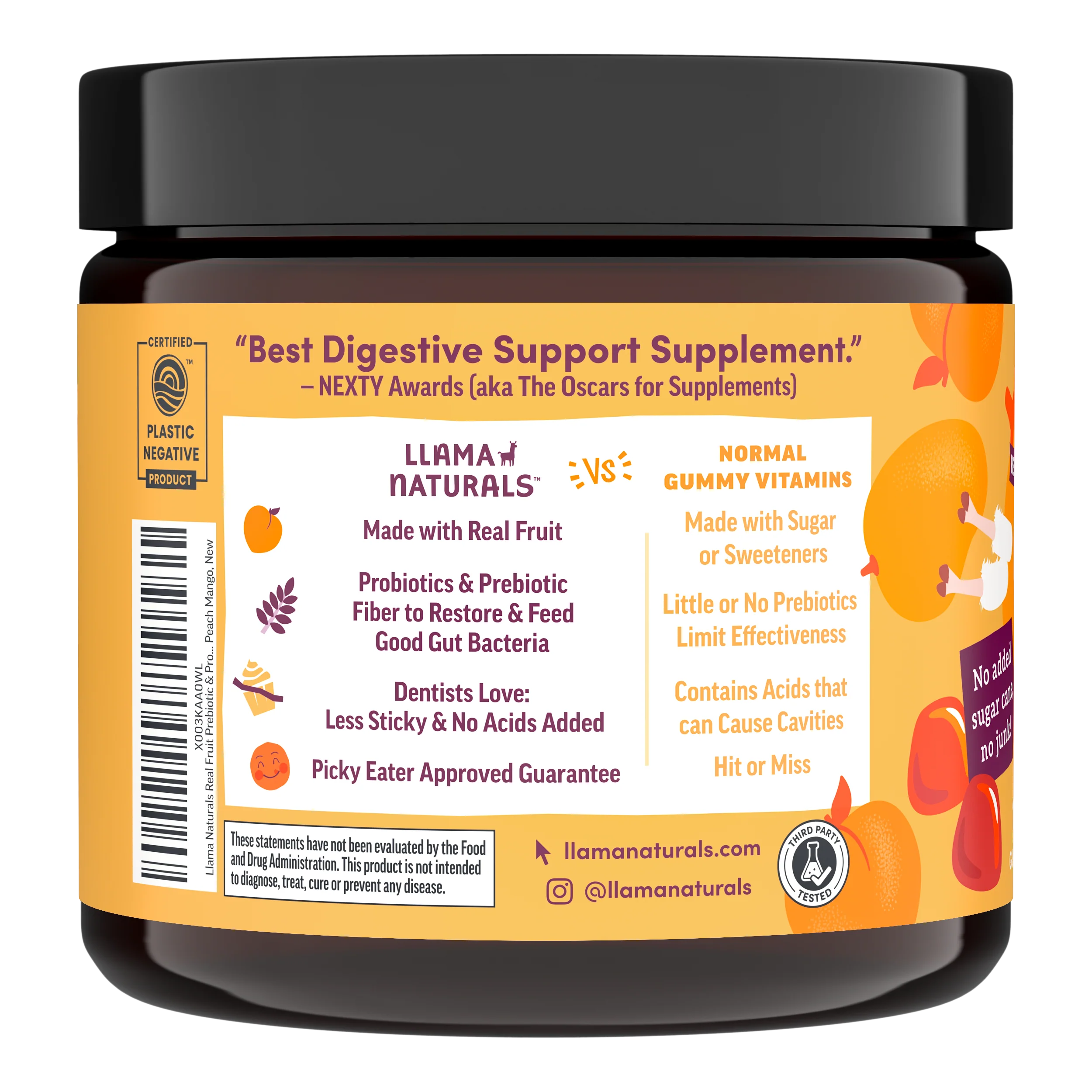 Llama Naturals Kids Prebiotic & Probiotic Gummies, Peach Mango (120 ct) - Image 5