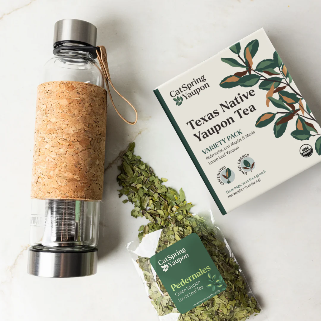 CatSpring Yaupon Loose Leaf Yaupon Tea Starter Kit – 3 Roasts + Glass Tumbler