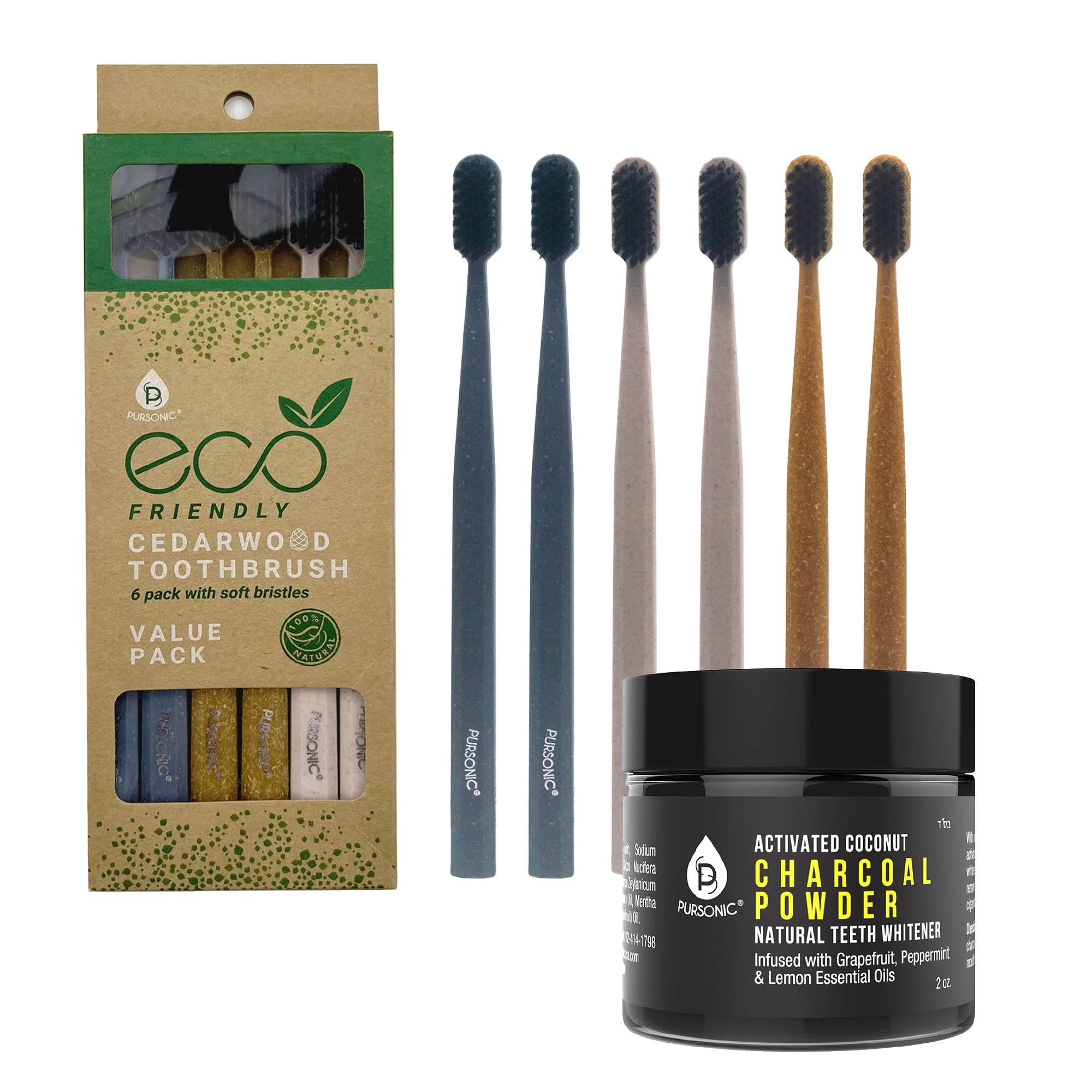 Pursonic Natural Radiance Combo: Activated Coconut Charcoal Powder Natural Teeth Whitener + 100% Eco-friendly Cedarwood Toothbrushes (6 Pack)