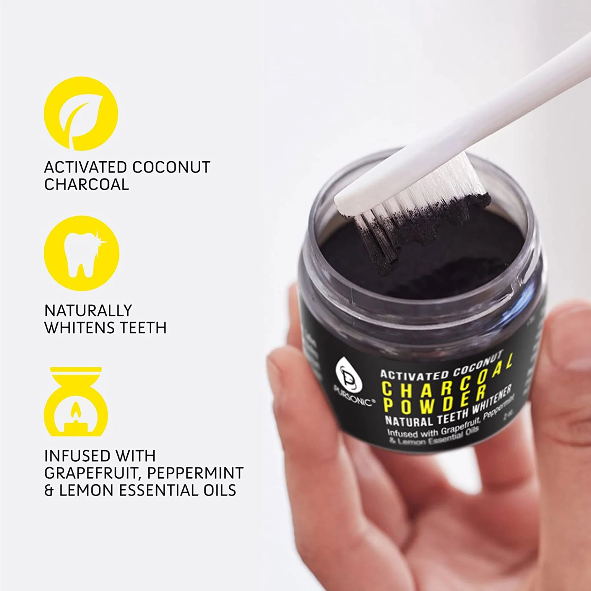 Pursonic Natural Radiance Combo: Activated Coconut Charcoal Powder Natural Teeth Whitener + 100% Eco-friendly Cedarwood Toothbrushes (6 Pack) - Image 3