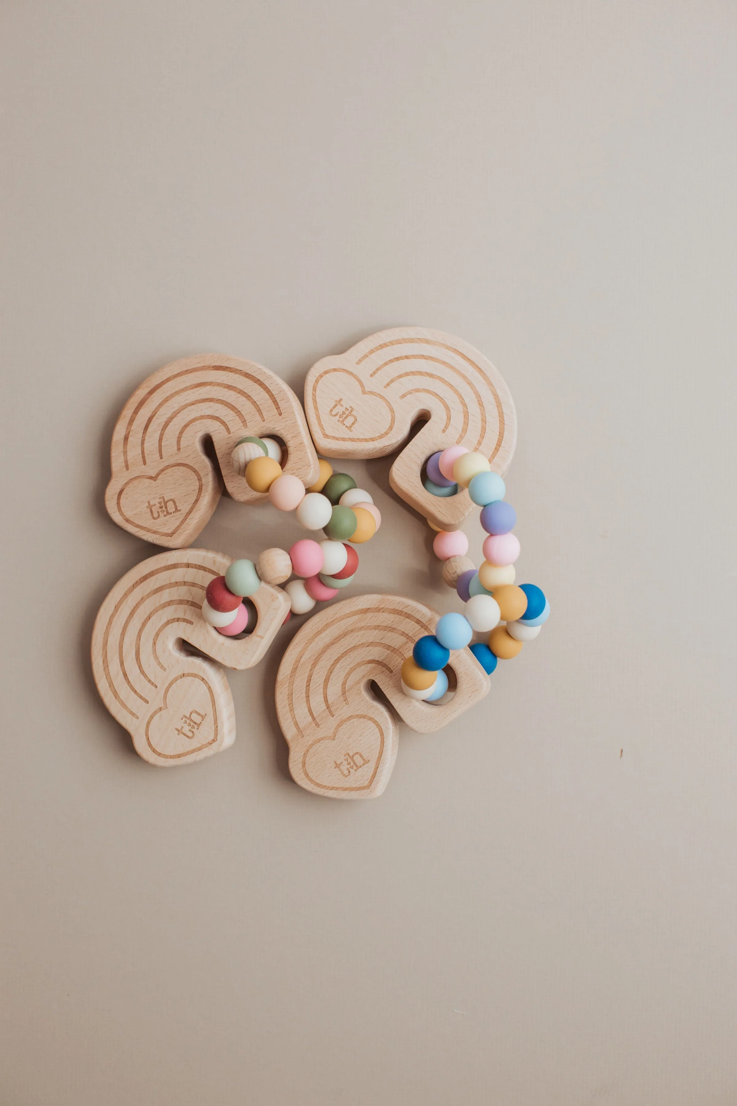 Three Hearts Rainbow Wooden Teether - Natural Beech Wood & BPA Free Silicone