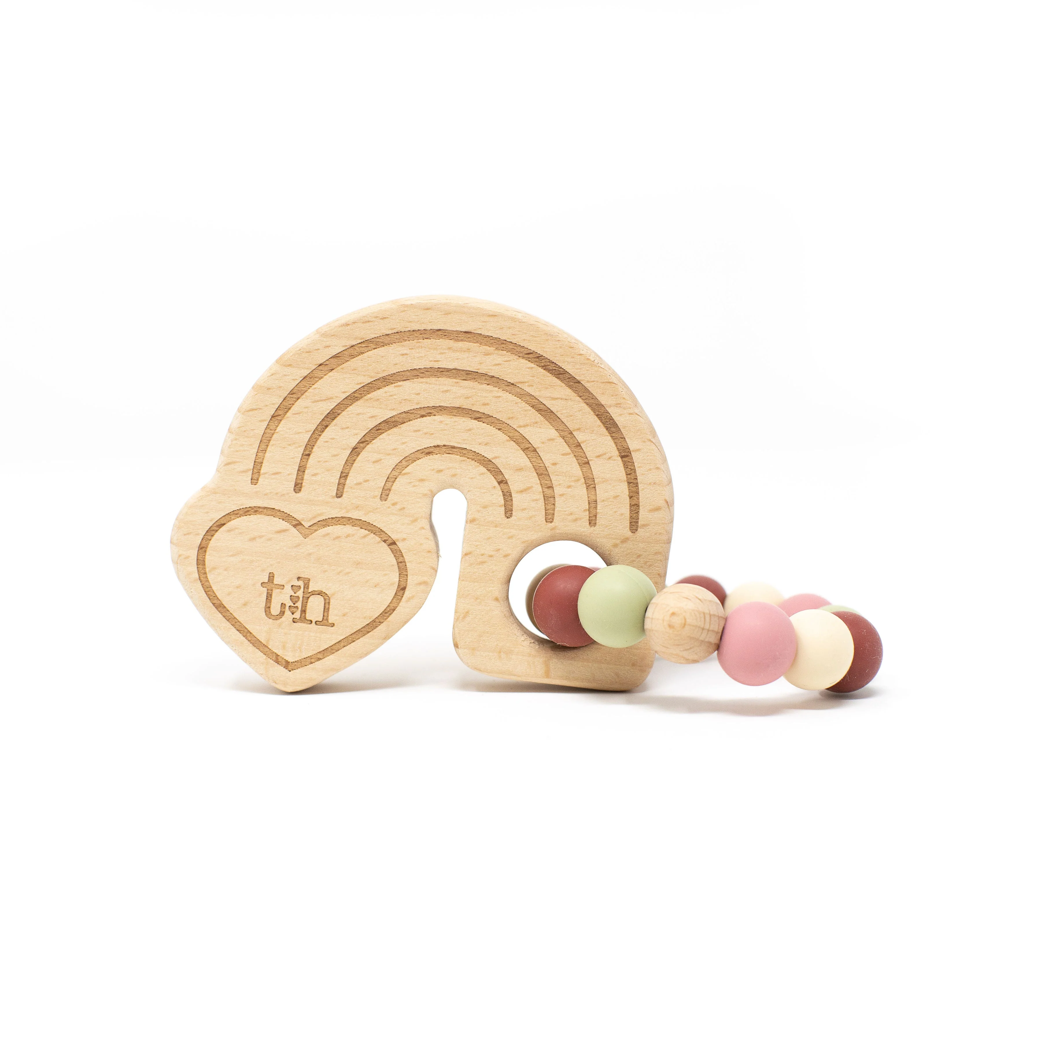 Three Hearts Rainbow Wooden Teether - Natural Beech Wood & BPA Free Silicone - Image 2