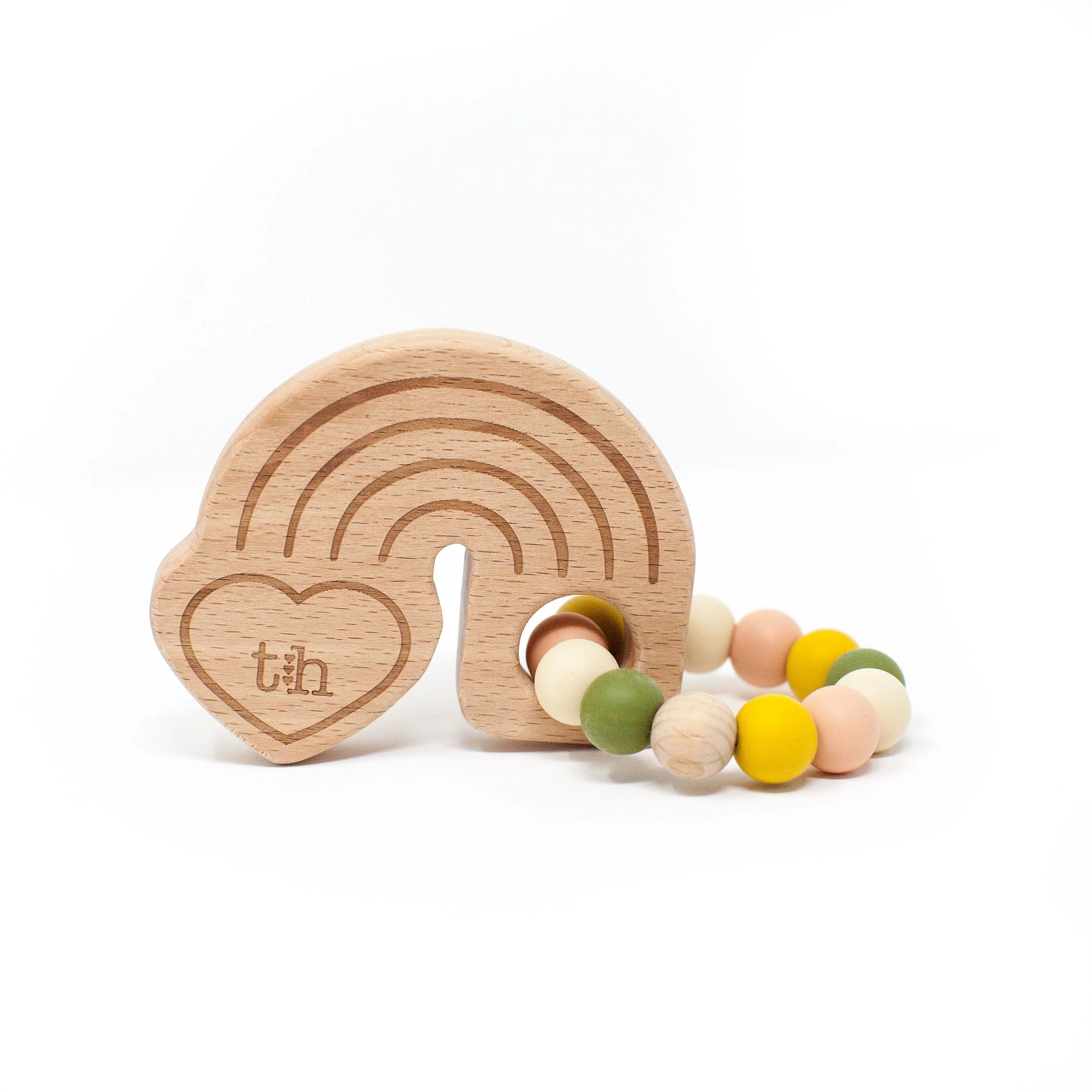 Three Hearts Rainbow Wooden Teether - Natural Beech Wood & BPA Free Silicone - Image 5
