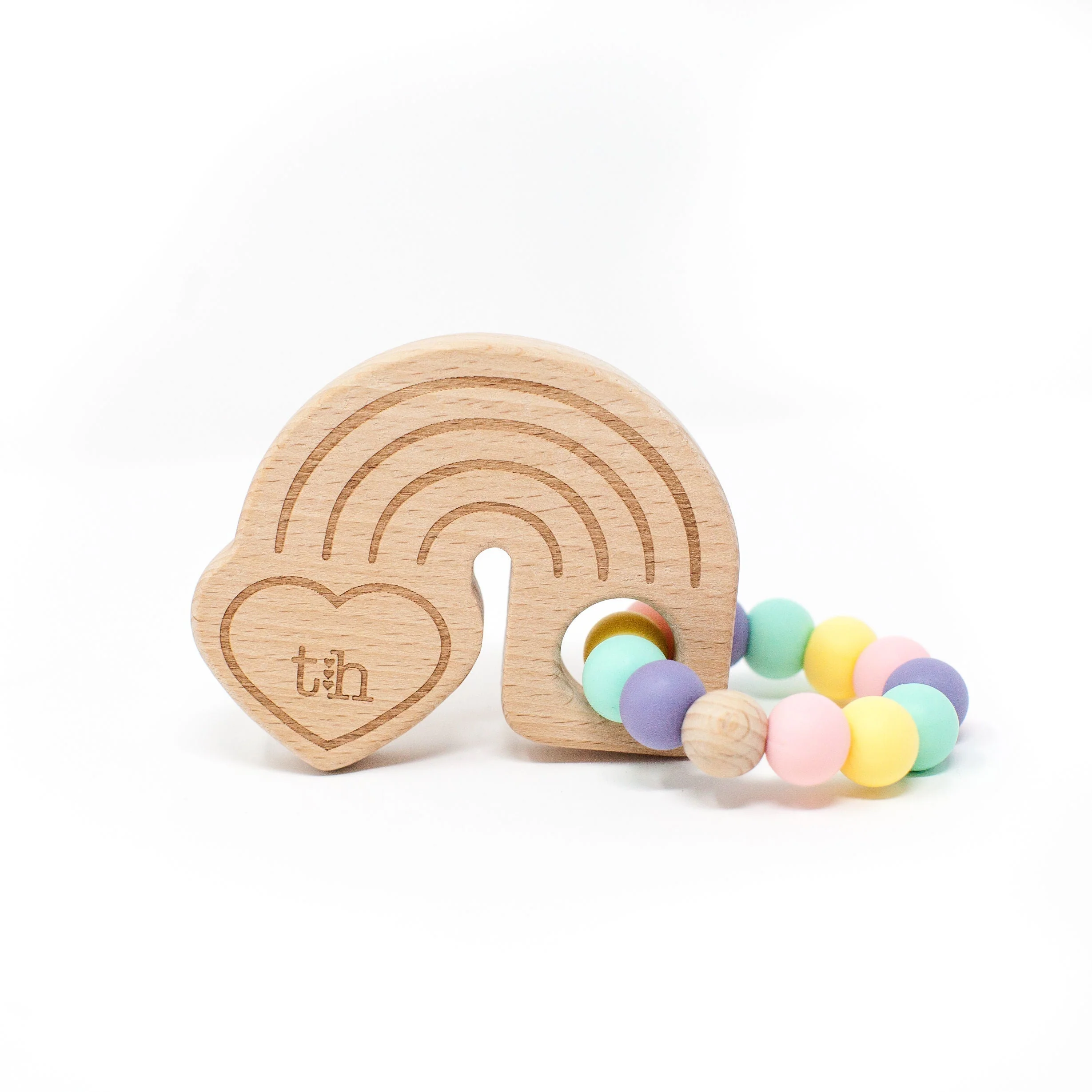 Three Hearts Rainbow Wooden Teether - Natural Beech Wood & BPA Free Silicone - Image 7