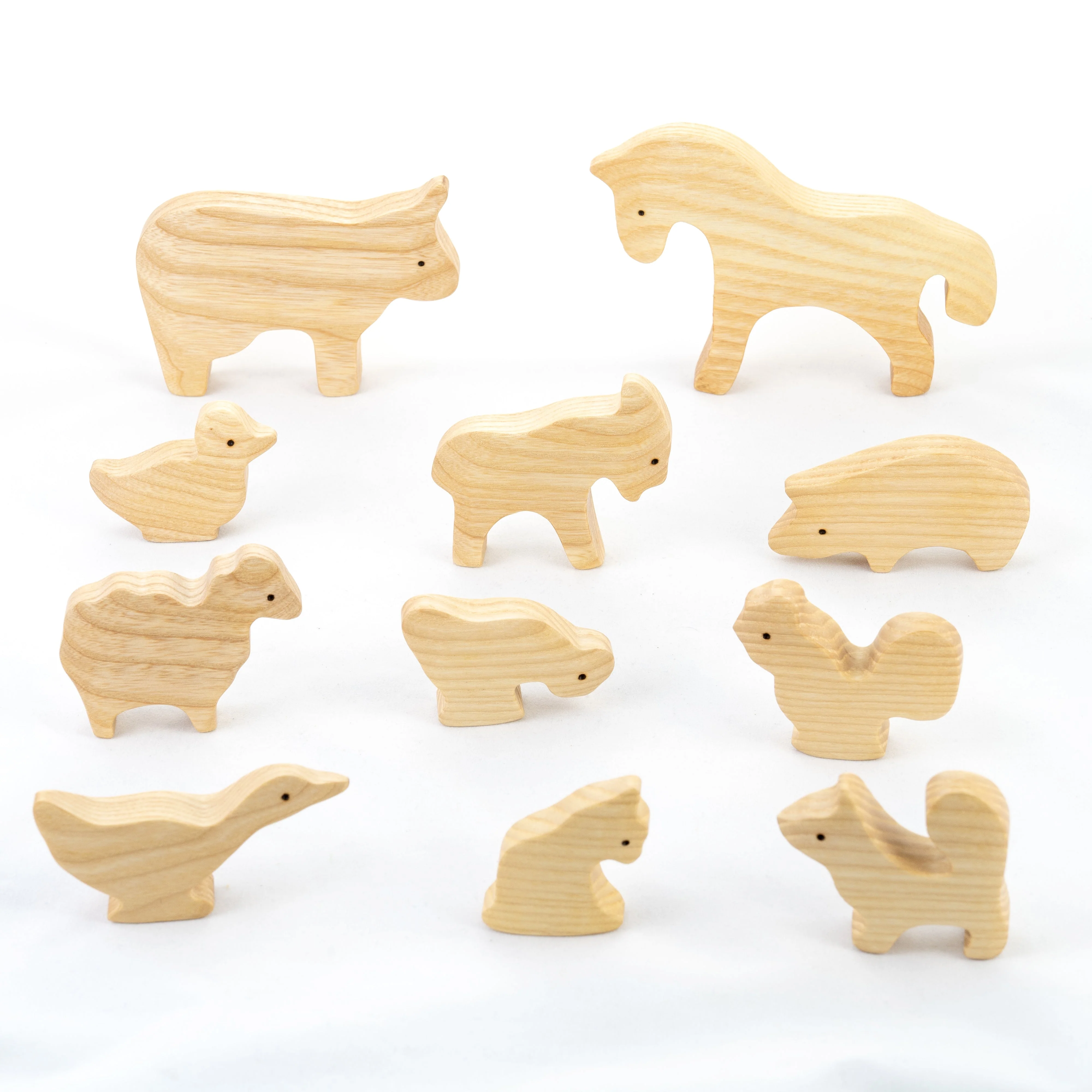 PoppyBabyCo Waldorf Wooden Natural Farm Animals Set - 11 pieces