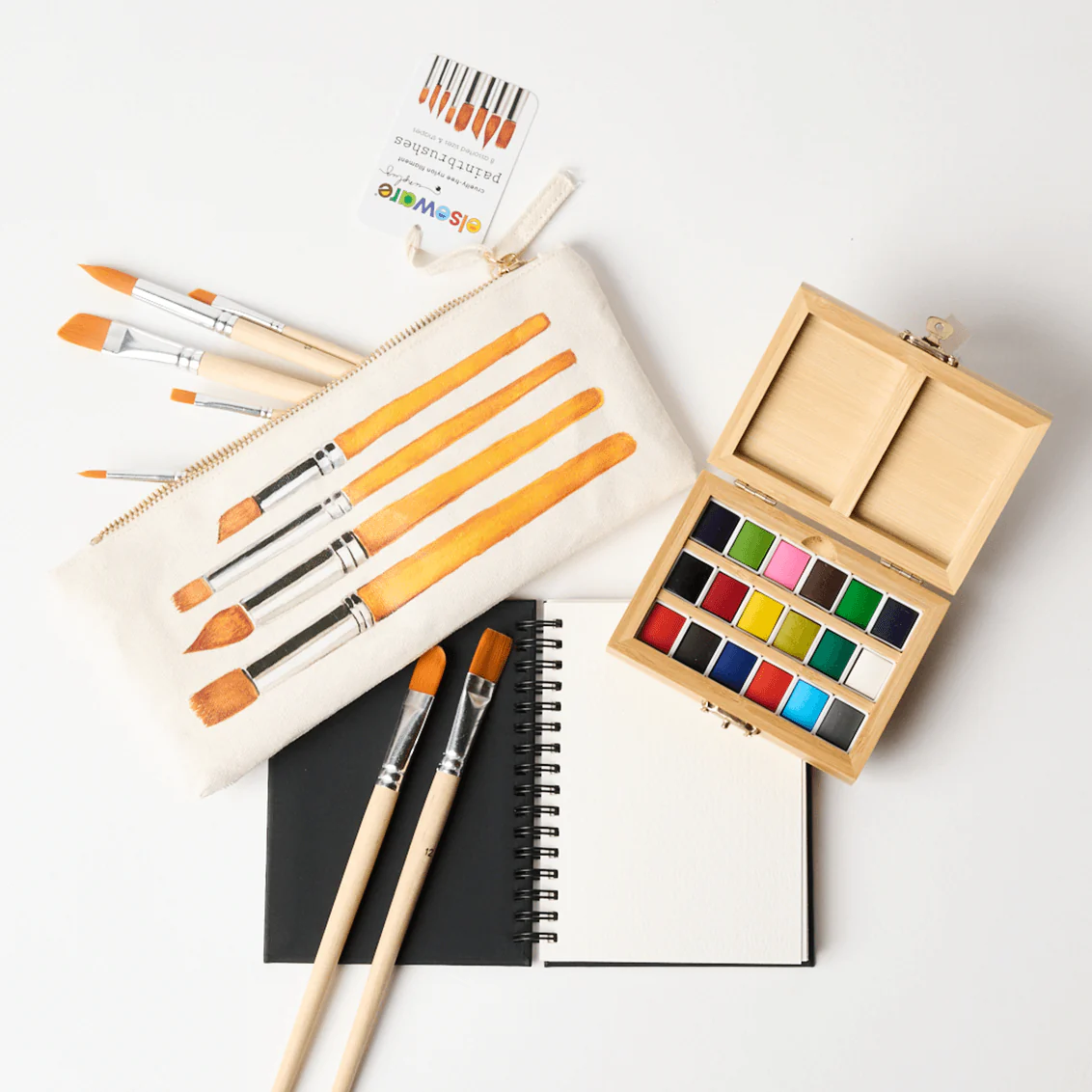 Elseware Unplug Watercolor Travel Set | Bamboo Case, Brushes, & Paper Pad