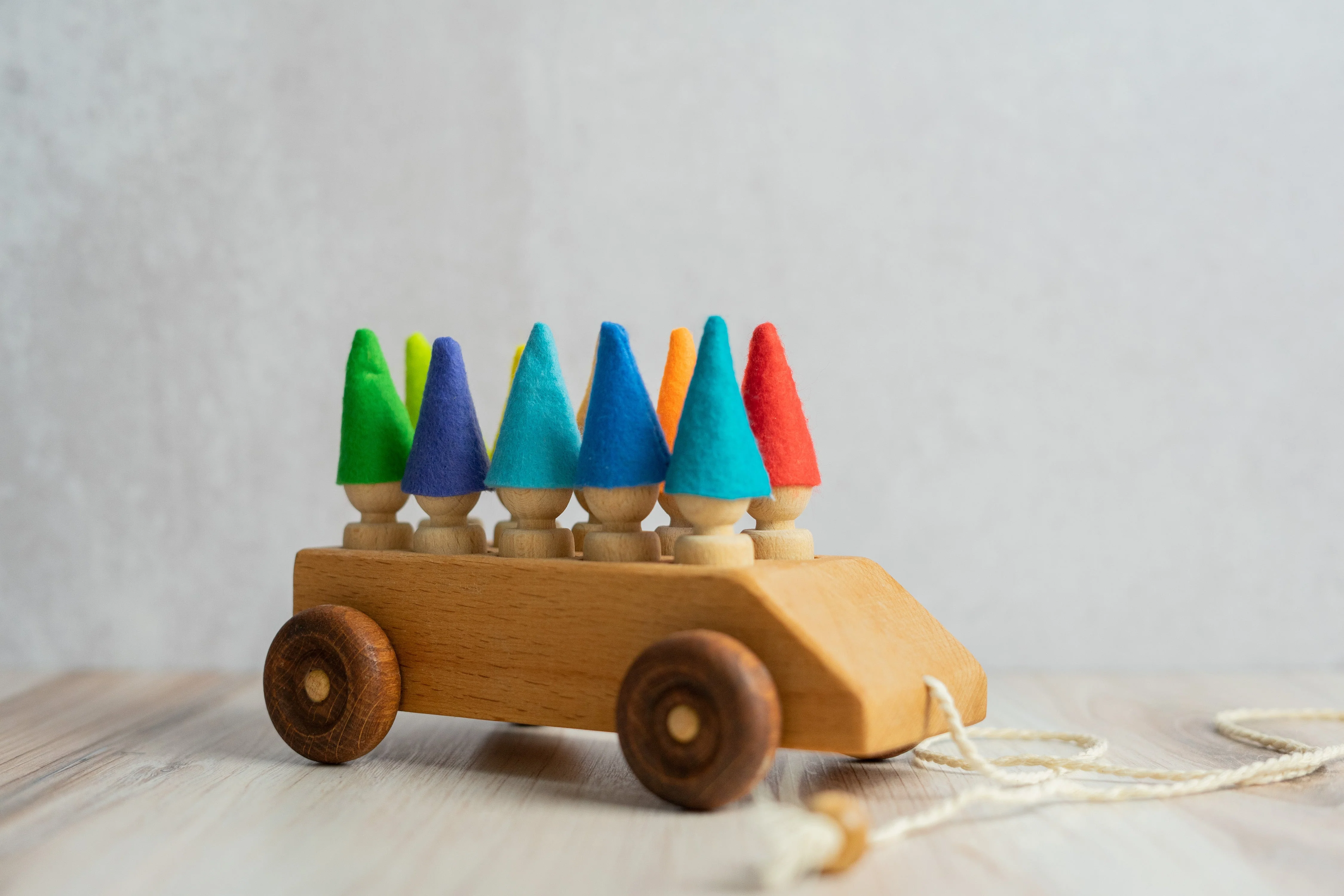 PoppyBabyCo Wooden Toy Car with ten Pegs in Multi-Colored Hats - Image 2