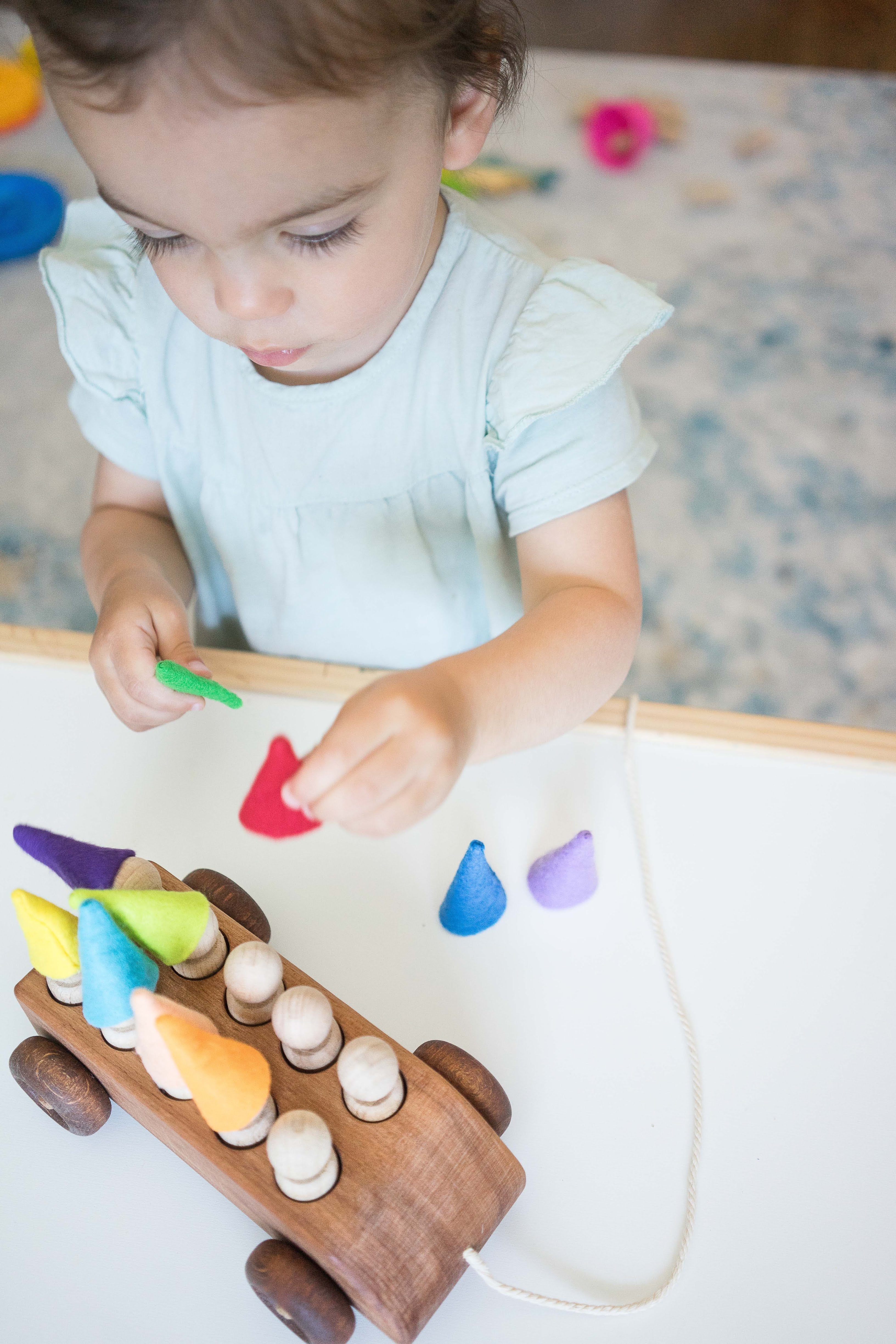 PoppyBabyCo Wooden Toy Car with ten Pegs in Multi-Colored Hats - Image 3