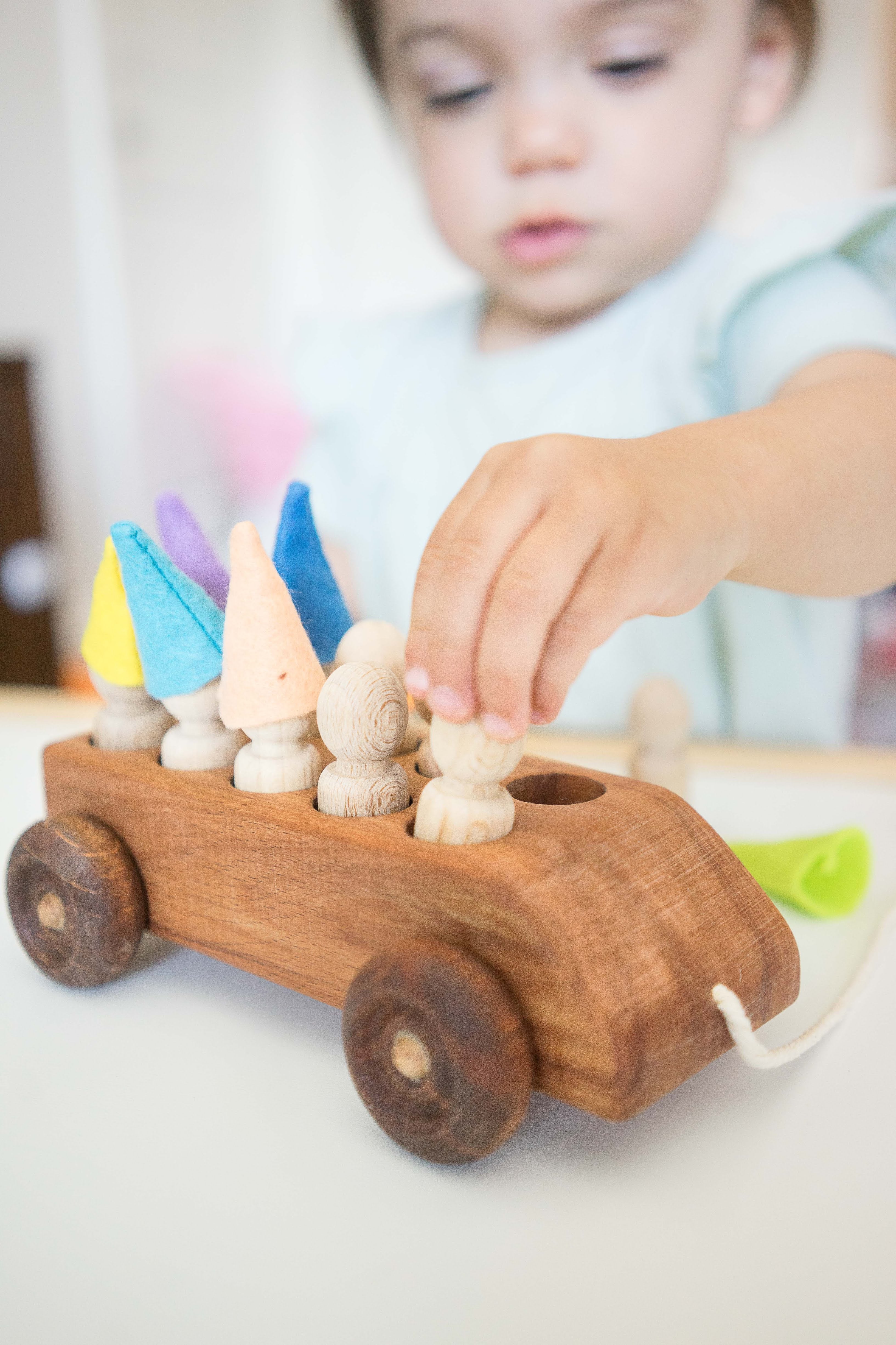 PoppyBabyCo Wooden Toy Car with ten Pegs in Multi-Colored Hats - Image 4