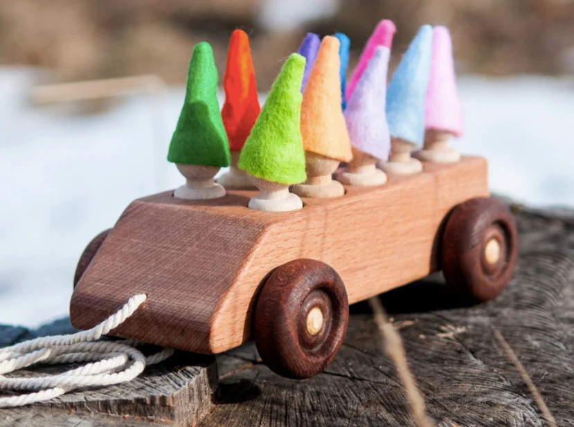 PoppyBabyCo Wooden Toy Car with ten Pegs in Multi-Colored Hats - Image 5